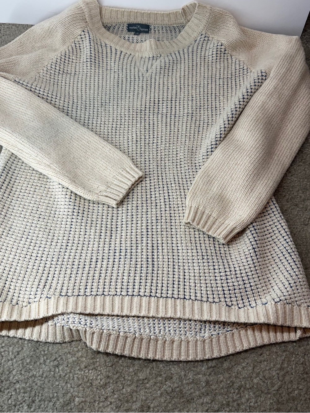 Market & Spruce Medium Cream Raglan Sleeve Textured Knit Sweater Ribbed Trim M